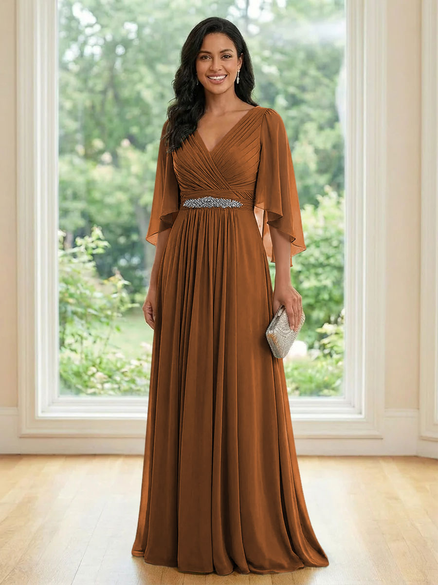 Chiffon V Neck A Line Ruched Mother of the Bride Dresses with Long Sleeves