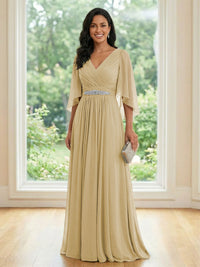 Chiffon V Neck A Line Ruched Mother of the Bride Dresses with Long Sleeves