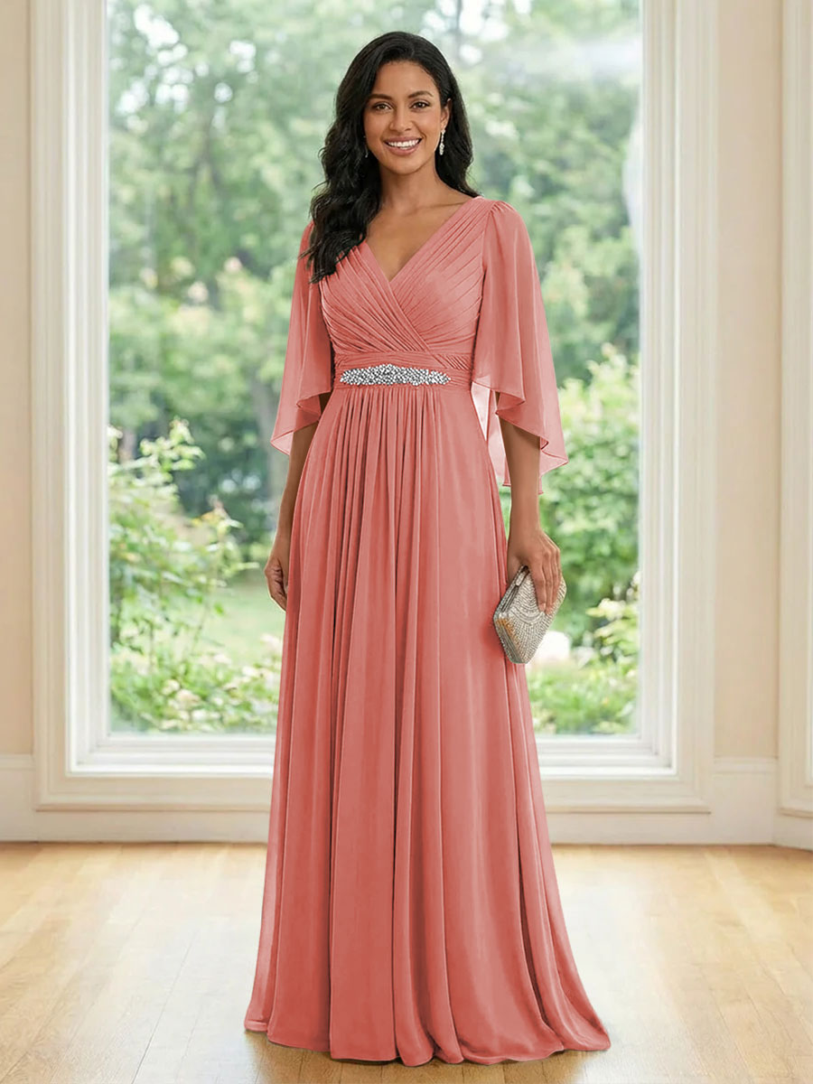 Chiffon V Neck A Line Ruched Mother of the Bride Dresses with Long Sleeves