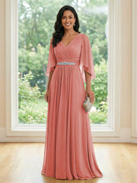 Chiffon V Neck A Line Ruched Mother of the Bride Dresses with Long Sleeves