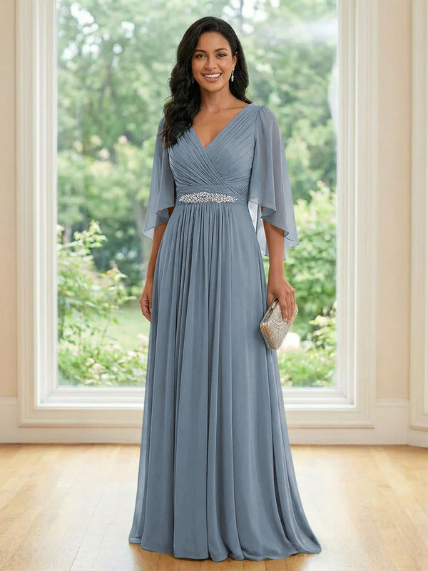 Chiffon V Neck A Line Ruched Mother of the Bride Dresses with Long Sleeves