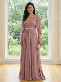 Chiffon V Neck A Line Ruched Mother of the Bride Dresses with Long Sleeves