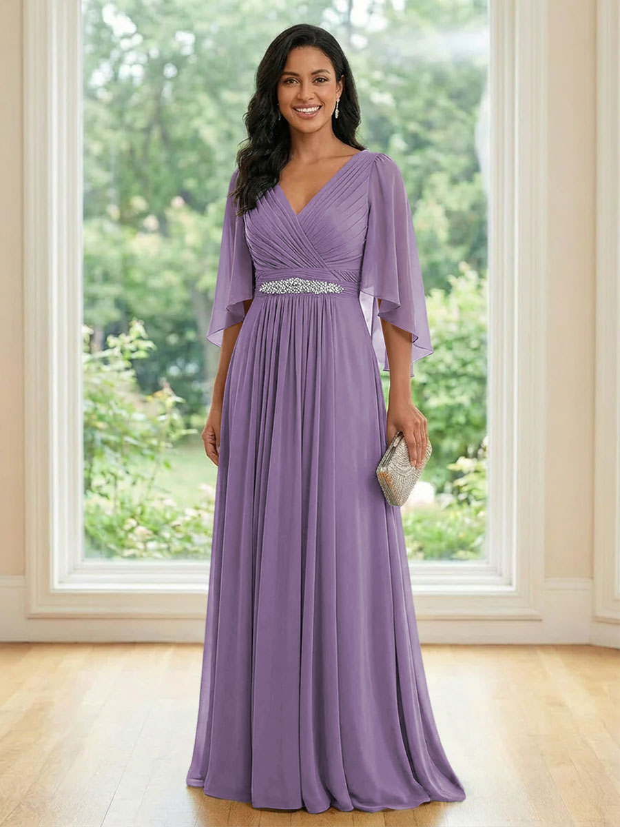 Chiffon V Neck A Line Ruched Mother of the Bride Dresses with Long Sleeves