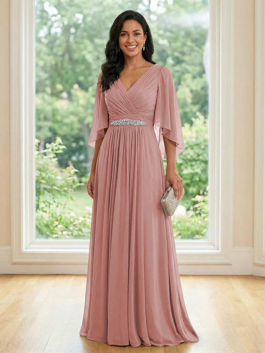 Chiffon V Neck A Line Ruched Mother of the Bride Dresses with Long Sleeves