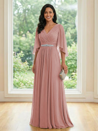Chiffon V Neck A Line Ruched Mother of the Bride Dresses with Long Sleeves