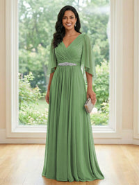 Chiffon V Neck A Line Ruched Mother of the Bride Dresses with Long Sleeves