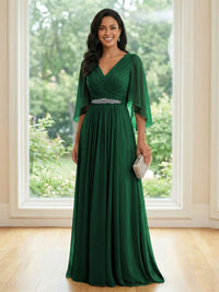 Chiffon V Neck A Line Ruched Mother of the Bride Dresses with Long Sleeves