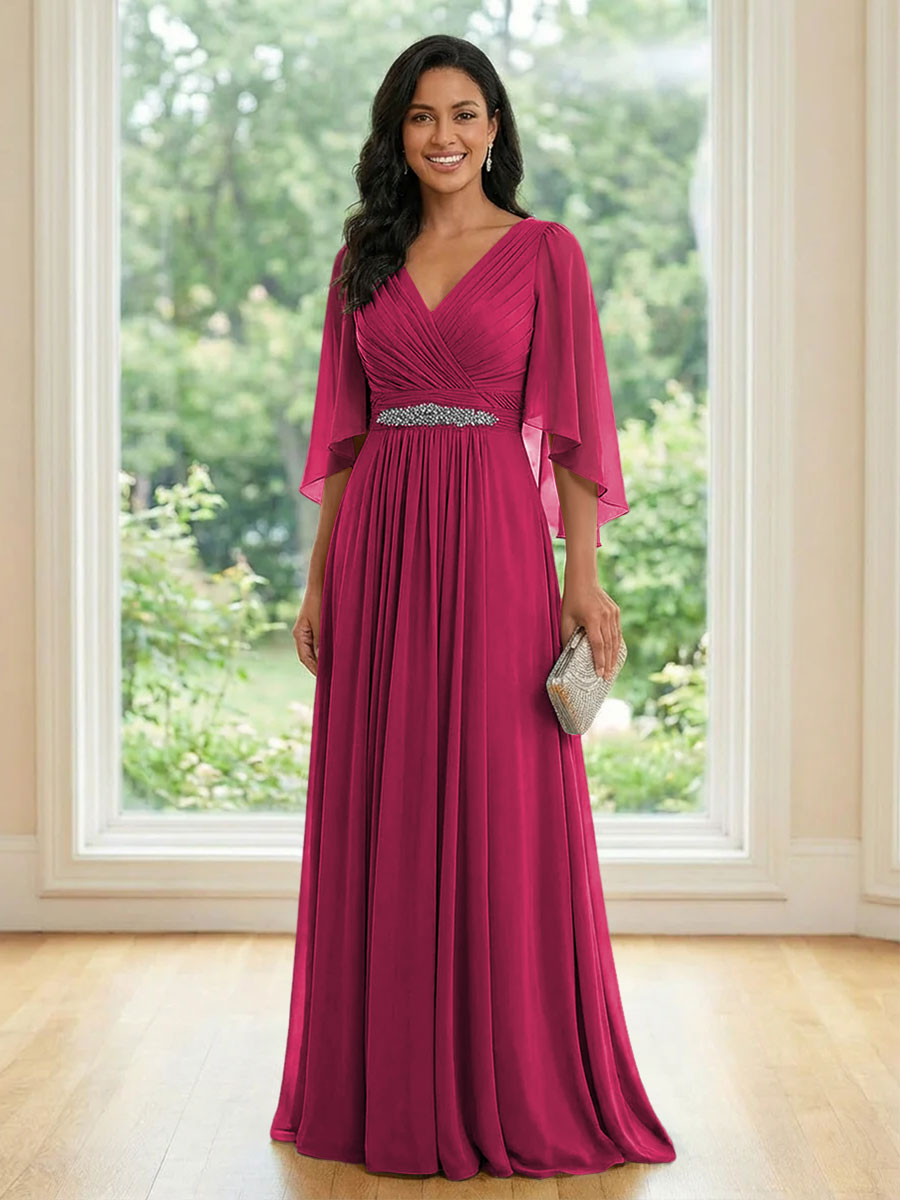 Chiffon V Neck A Line Ruched Mother of the Bride Dresses with Long Sleeves