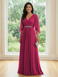 Chiffon V Neck A Line Ruched Mother of the Bride Dresses with Long Sleeves