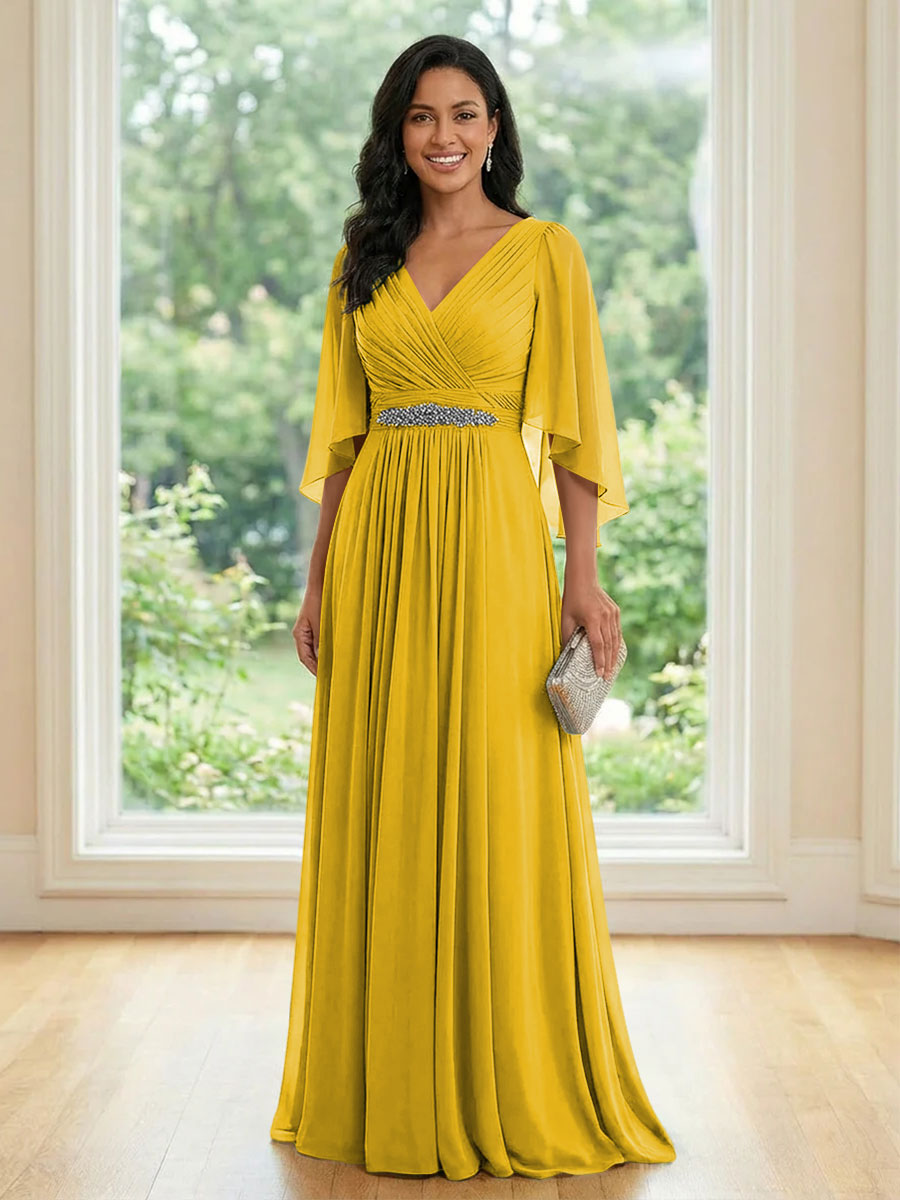 Chiffon V Neck A Line Ruched Mother of the Bride Dresses with Long Sleeves