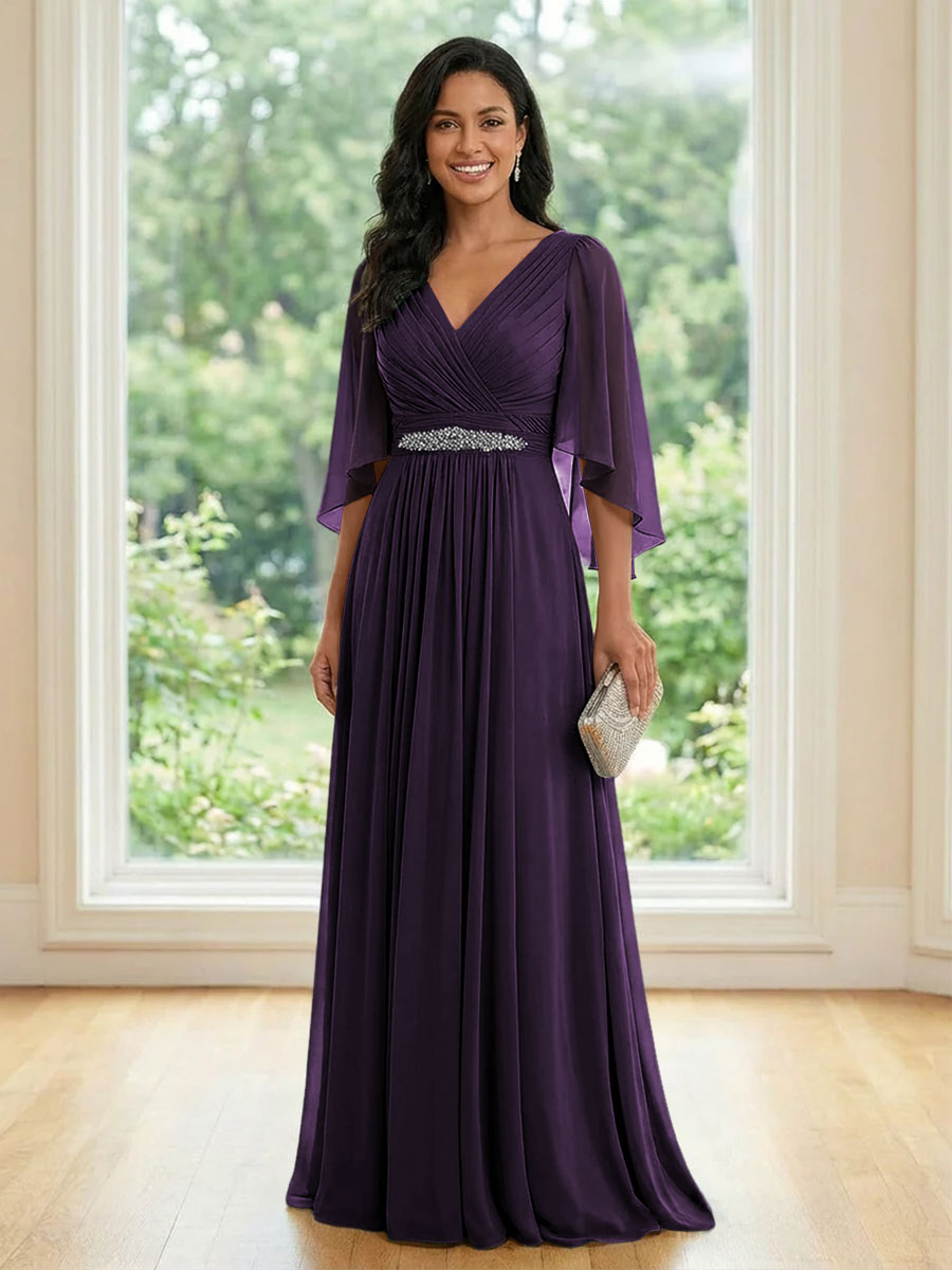 Chiffon V Neck A Line Ruched Mother of the Bride Dresses with Long Sleeves