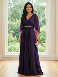 Chiffon V Neck A Line Ruched Mother of the Bride Dresses with Long Sleeves