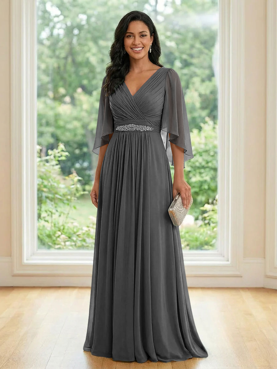 Chiffon V Neck A Line Ruched Mother of the Bride Dresses with Long Sleeves