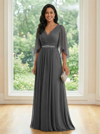 Chiffon V Neck A Line Ruched Mother of the Bride Dresses with Long Sleeves
