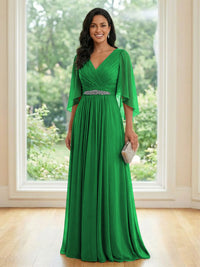Chiffon V Neck A Line Ruched Mother of the Bride Dresses with Long Sleeves