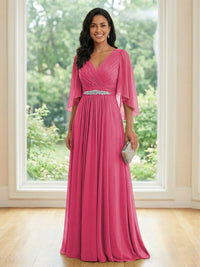 Chiffon V Neck A Line Ruched Mother of the Bride Dresses with Long Sleeves