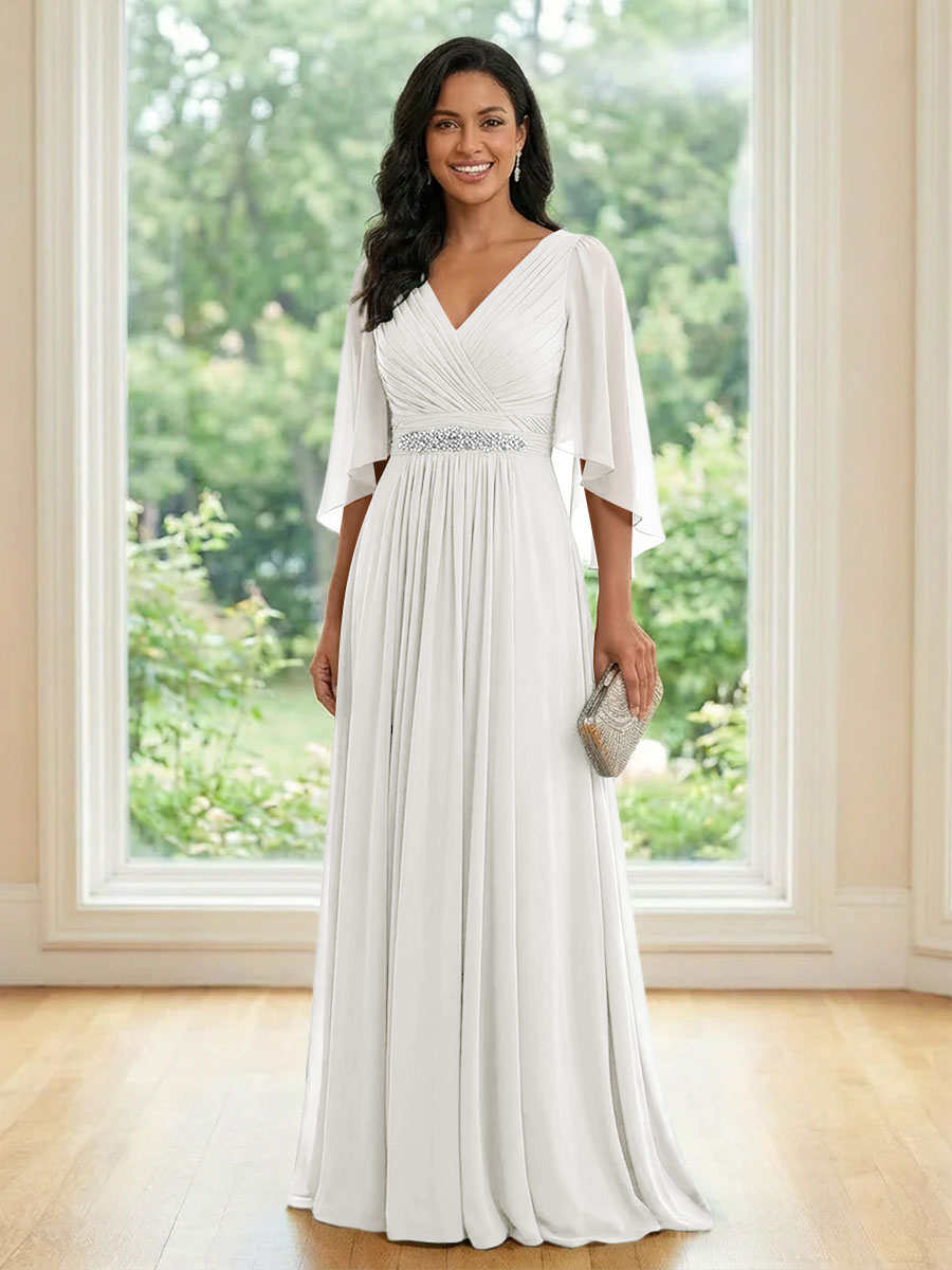Chiffon V Neck A Line Ruched Mother of the Bride Dresses with Long Sleeves