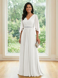 Chiffon V Neck A Line Ruched Mother of the Bride Dresses with Long Sleeves