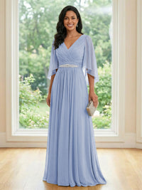 Chiffon V Neck A Line Ruched Mother of the Bride Dresses with Long Sleeves
