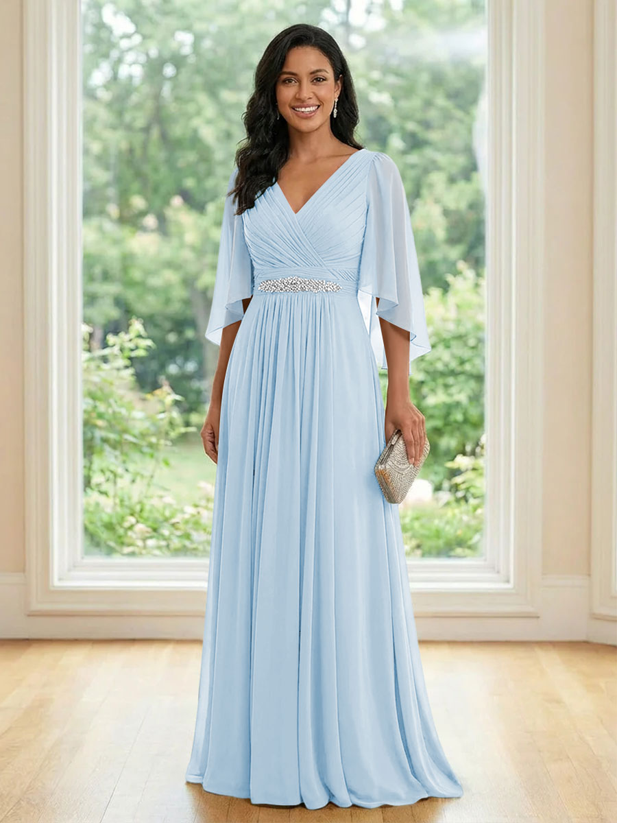 Chiffon V Neck A Line Ruched Mother of the Bride Dresses with Long Sleeves