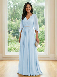 Chiffon V Neck A Line Ruched Mother of the Bride Dresses with Long Sleeves