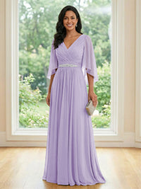 Chiffon V Neck A Line Ruched Mother of the Bride Dresses with Long Sleeves