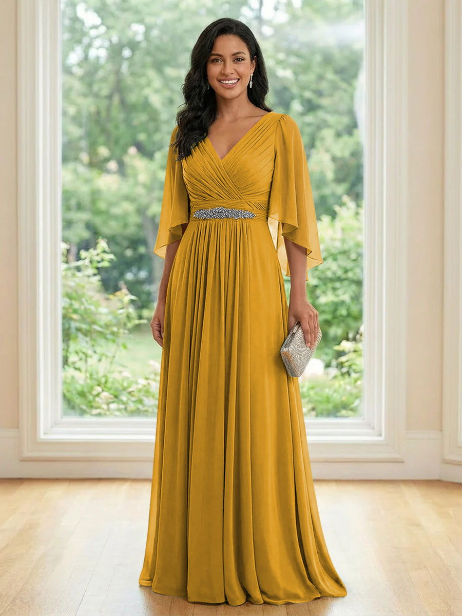Chiffon V Neck A Line Ruched Mother of the Bride Dresses with Long Sleeves