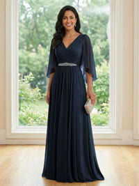 Chiffon V Neck A Line Ruched Mother of the Bride Dresses with Long Sleeves