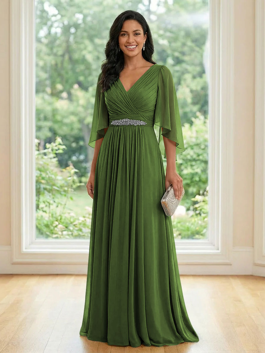 Chiffon V Neck A Line Ruched Mother of the Bride Dresses with Long Sleeves
