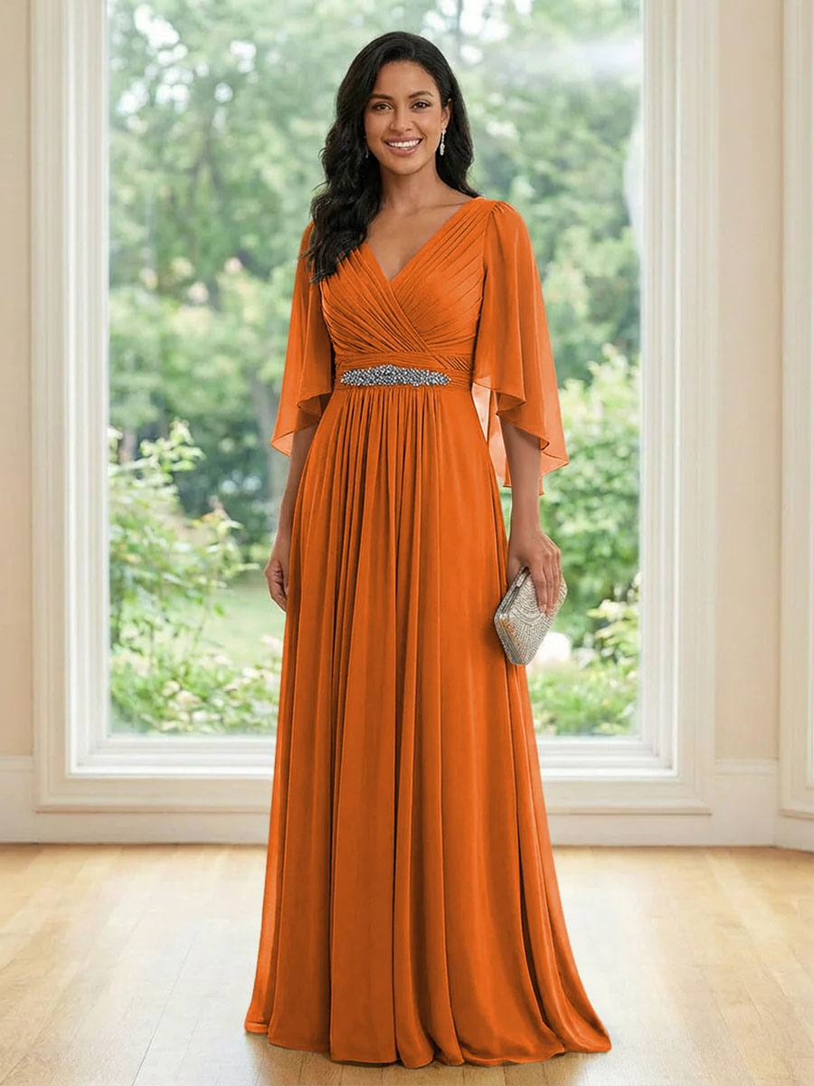 Chiffon V Neck A Line Ruched Mother of the Bride Dresses with Long Sleeves