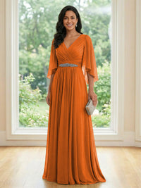 Chiffon V Neck A Line Ruched Mother of the Bride Dresses with Long Sleeves
