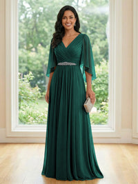 Chiffon V Neck A Line Ruched Mother of the Bride Dresses with Long Sleeves