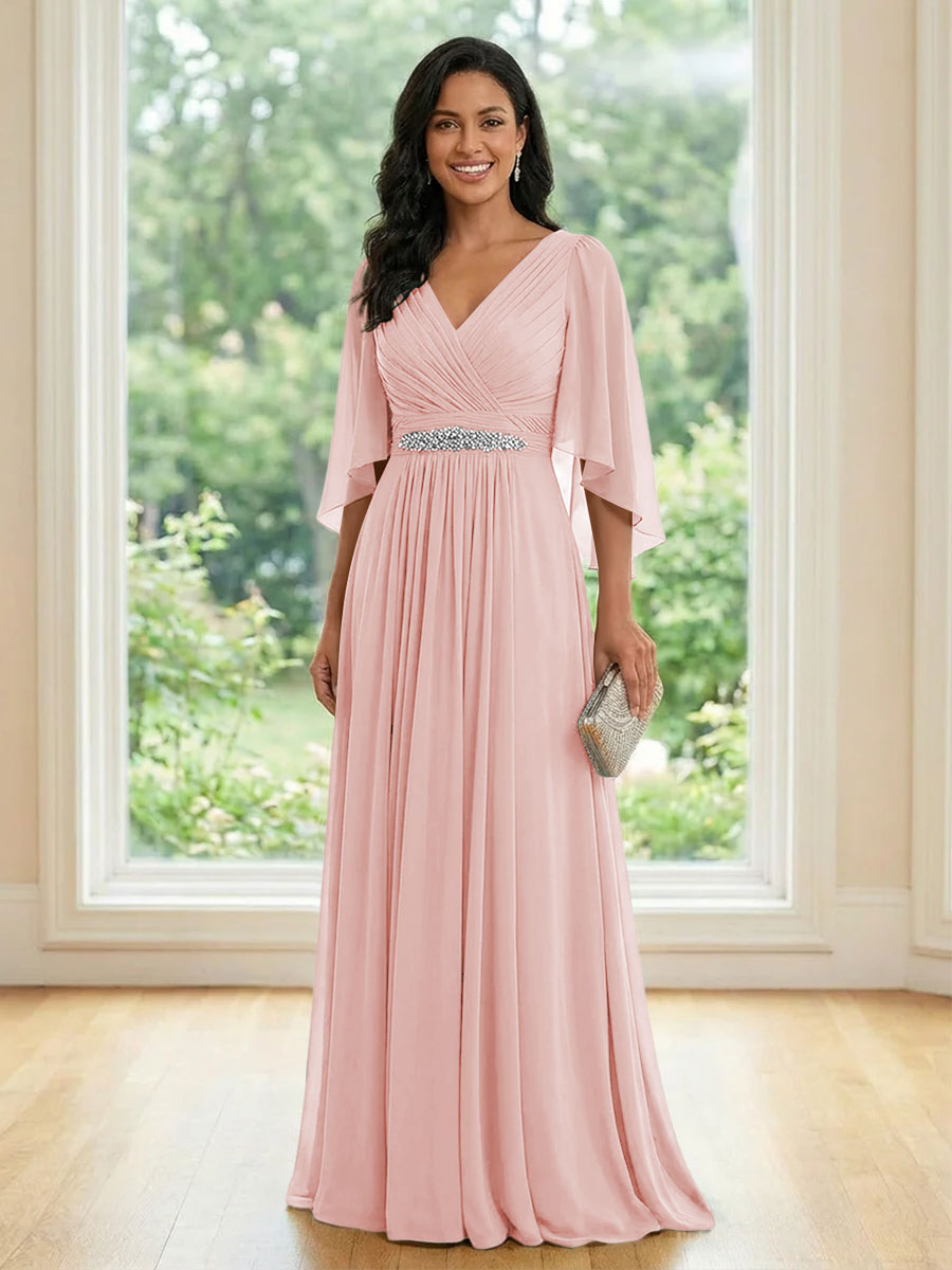 Chiffon V Neck A Line Ruched Mother of the Bride Dresses with Long Sleeves