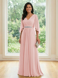 Chiffon V Neck A Line Ruched Mother of the Bride Dresses with Long Sleeves