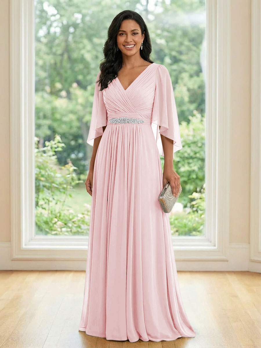 Chiffon V Neck A Line Ruched Mother of the Bride Dresses with Long Sleeves