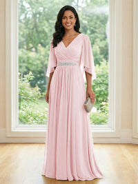 Chiffon V Neck A Line Ruched Mother of the Bride Dresses with Long Sleeves