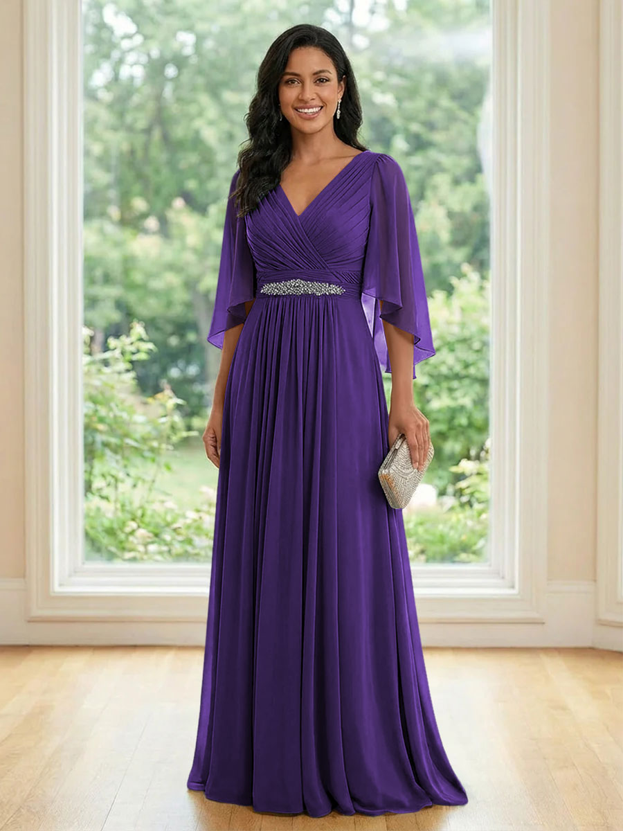 Chiffon V Neck A Line Ruched Mother of the Bride Dresses with Long Sleeves