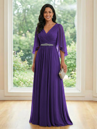 Chiffon V Neck A Line Ruched Mother of the Bride Dresses with Long Sleeves
