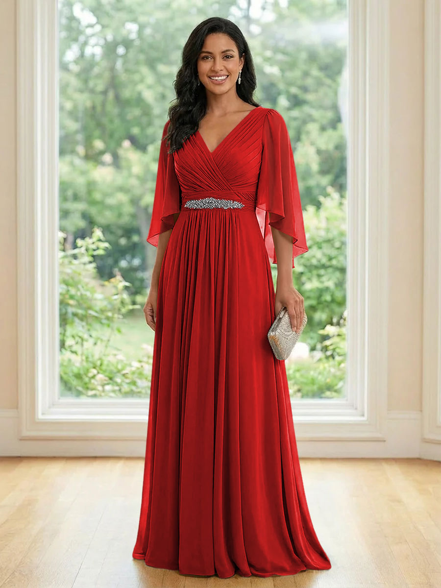 Chiffon V Neck A Line Ruched Mother of the Bride Dresses with Long Sleeves