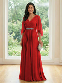 Chiffon V Neck A Line Ruched Mother of the Bride Dresses with Long Sleeves