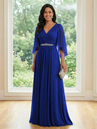 Chiffon V Neck A Line Ruched Mother of the Bride Dresses with Long Sleeves