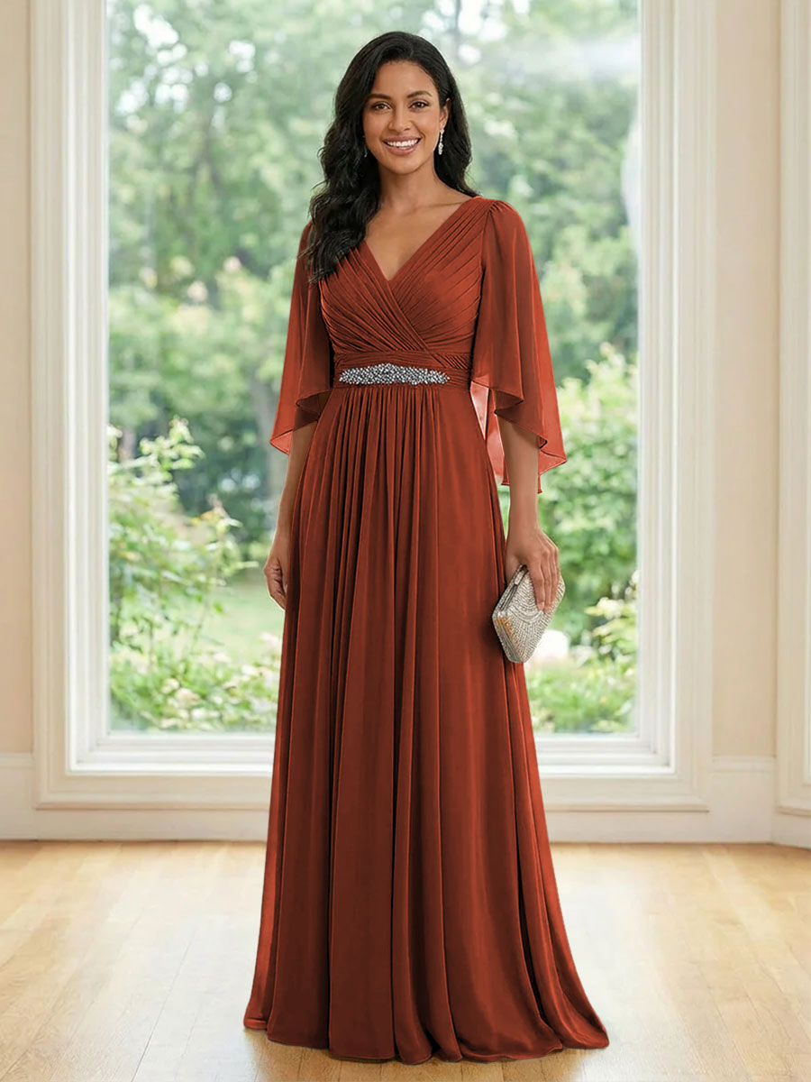 Chiffon V Neck A Line Ruched Mother of the Bride Dresses with Long Sleeves