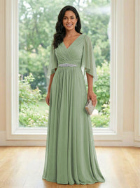 Chiffon V Neck A Line Ruched Mother of the Bride Dresses with Long Sleeves
