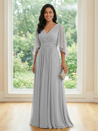 Chiffon V Neck A Line Ruched Mother of the Bride Dresses with Long Sleeves