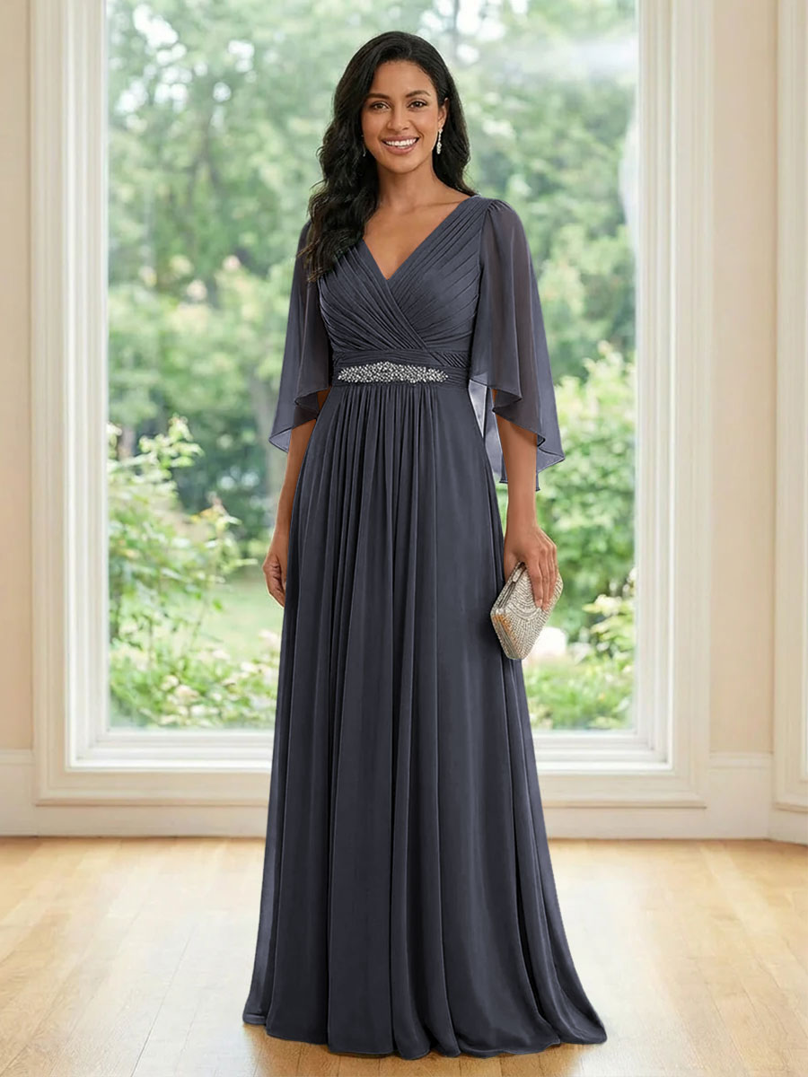 Chiffon V Neck A Line Ruched Mother of the Bride Dresses with Long Sleeves
