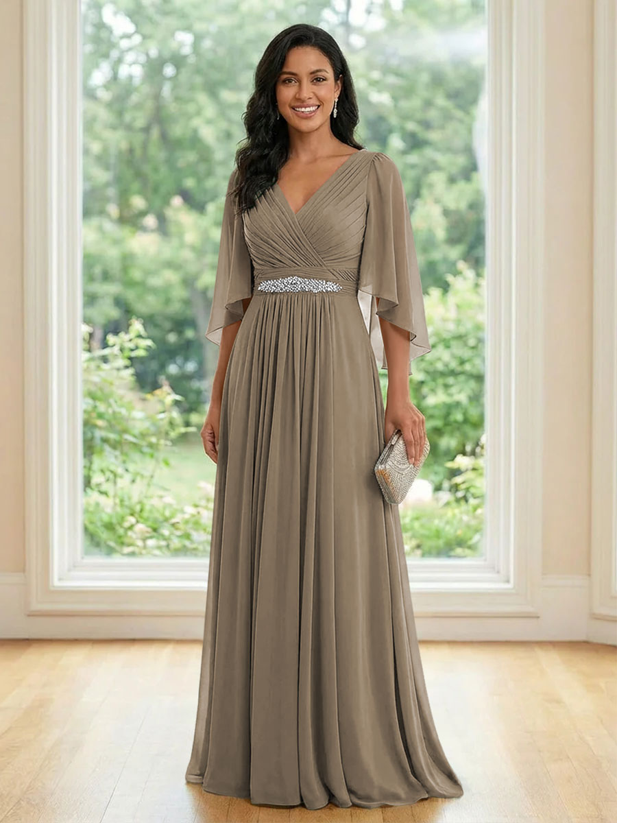 Chiffon V Neck A Line Ruched Mother of the Bride Dresses with Long Sleeves