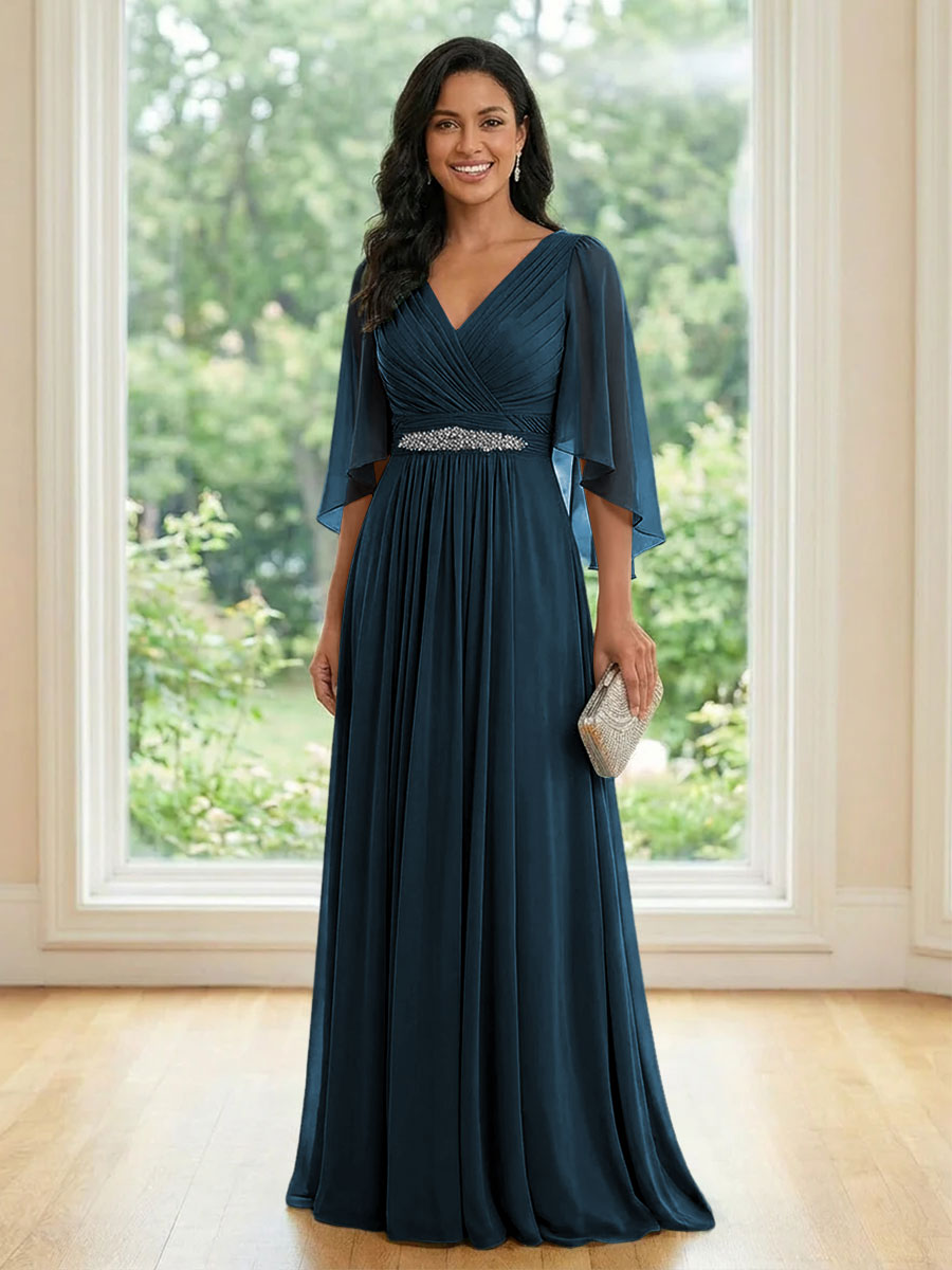 Chiffon V Neck A Line Ruched Mother of the Bride Dresses with Long Sleeves