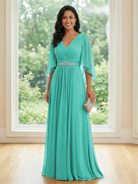 Chiffon V Neck A Line Ruched Mother of the Bride Dresses with Long Sleeves