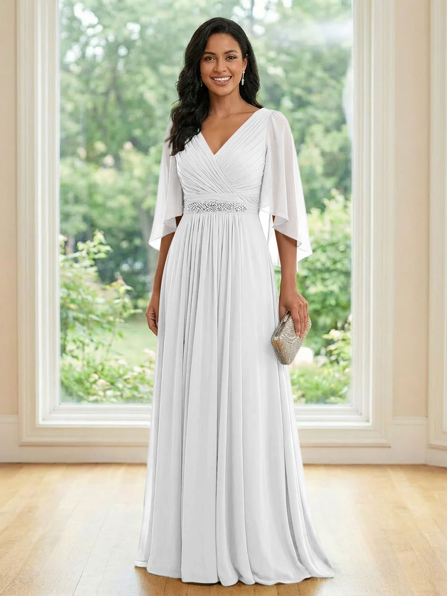 Chiffon V Neck A Line Ruched Mother of the Bride Dresses with Long Sleeves