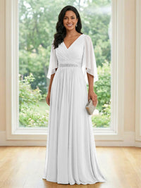 Chiffon V Neck A Line Ruched Mother of the Bride Dresses with Long Sleeves